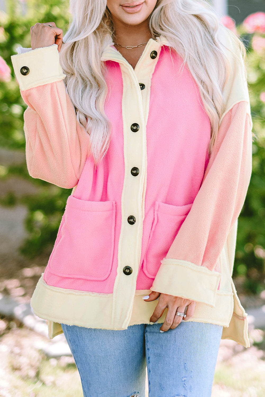 Colour Block Patchwork High Low Fleece Shacket | Rose