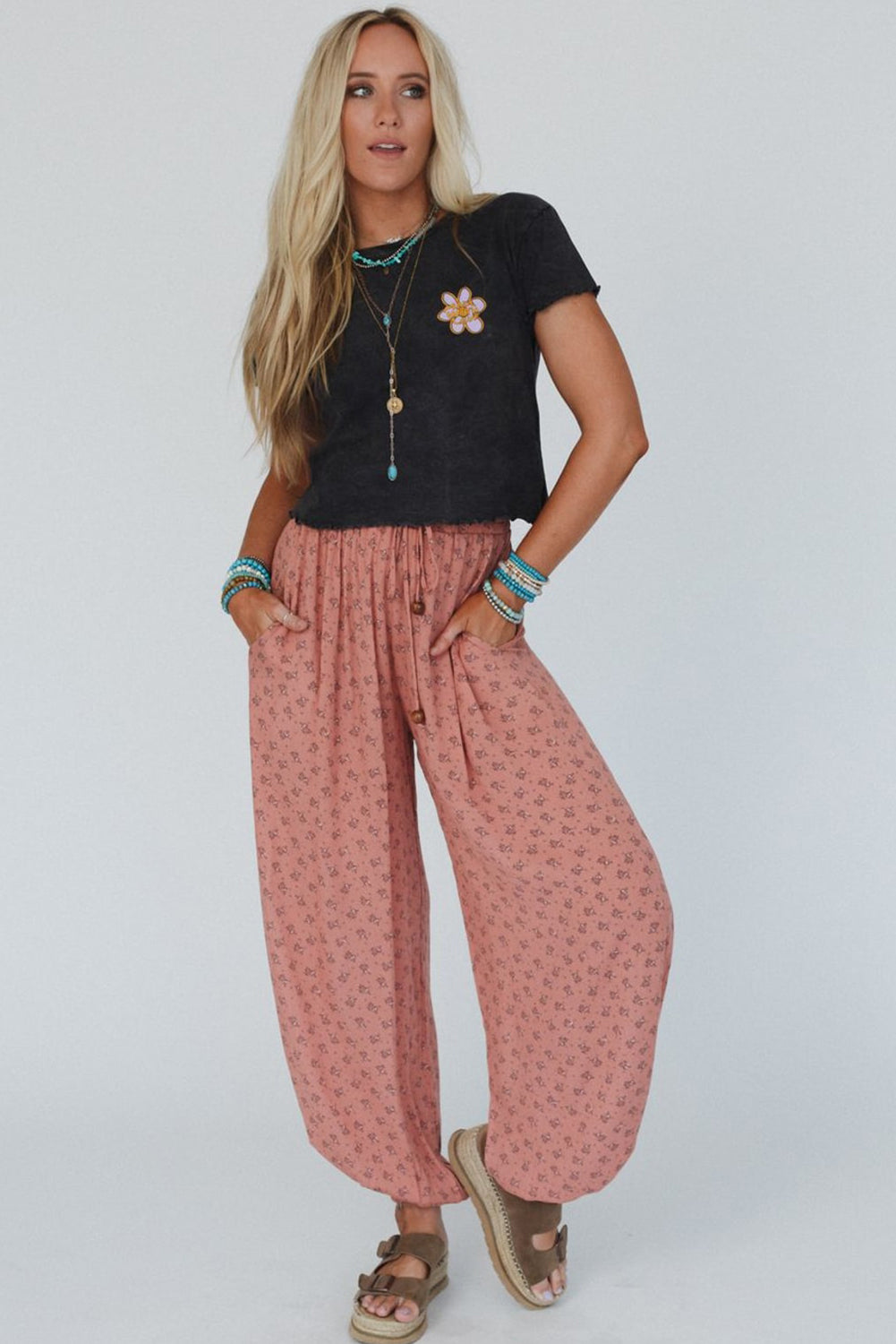 Boho Floral Printed Wide Leg Jogger Pants | Pink