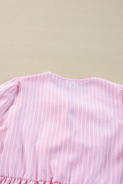 Bowknot Front Crew Neck Puff Sleeve Blouse | Pink Stripe