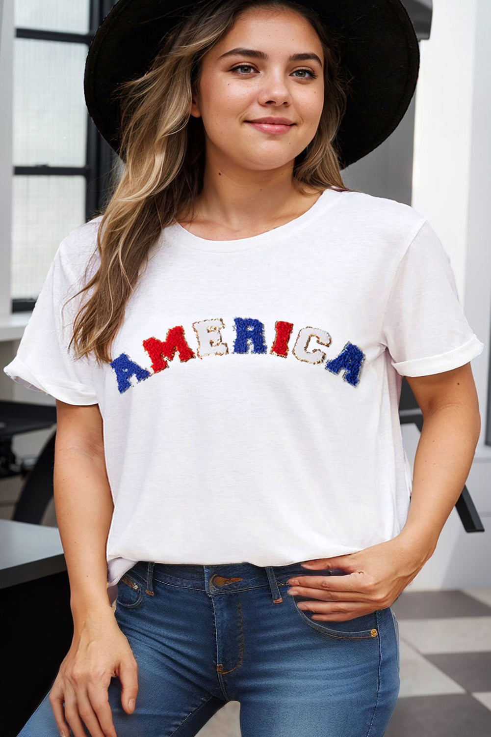 America Chenille Embroidered Plus Size T Shirt | White