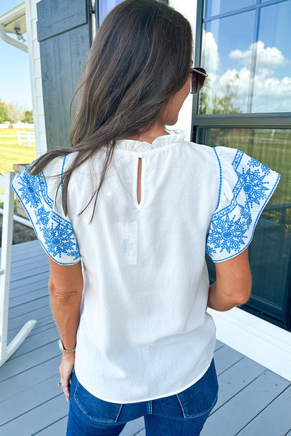 Embroidered Ruffled Sleeve Frilled Collar Blouse | White