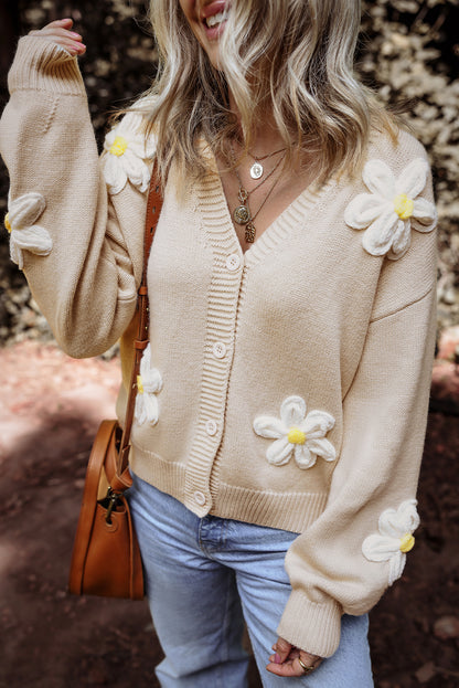 Elegant Flower Decor Button Front Cardigan | Parchment