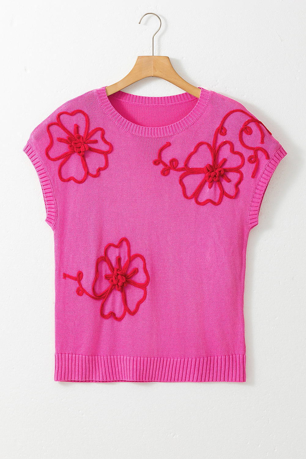 Flower Embroidery Short Sleeve Knitwear Top | Bright Pink