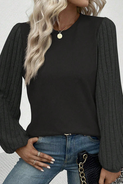 Contrast Ribbed Bishop Sleeve Top | Black