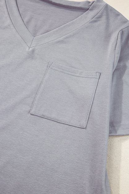 V Neck Pocketed Rounded Hem Tee | Medium Grey