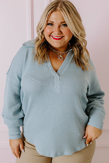 Textured Turn-Down V Neck Drop Shoulder Plus Size Top | Beau Blue