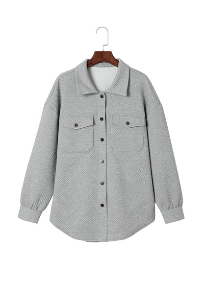 Solid Textured Flap Pocket Buttoned Shacket | Gray