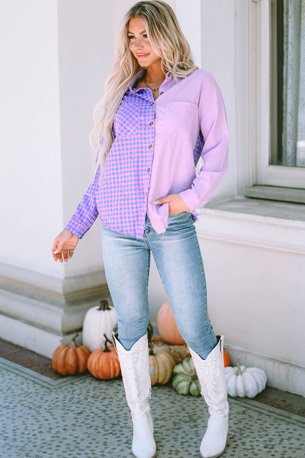 Mixed Plaid Button Down Long Sleeve Chest Pocket Shirt | Purple