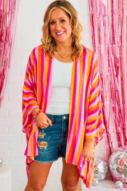 Wide Sleeve Open Front Kimono | Rose Stripe