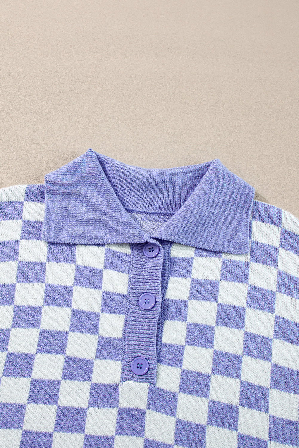 Checkered Collared Buttons Plus Size Sweater | Purple