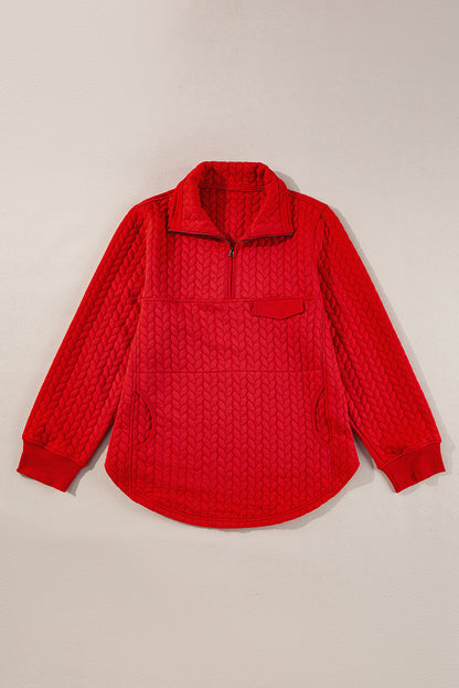 Cable Textured Quarter Zip Pocketed Plus Size Pullover | Tomato Red