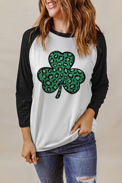 Leopard Spotted Clover St Patrick Graphic Long Sleeve Tee | Black