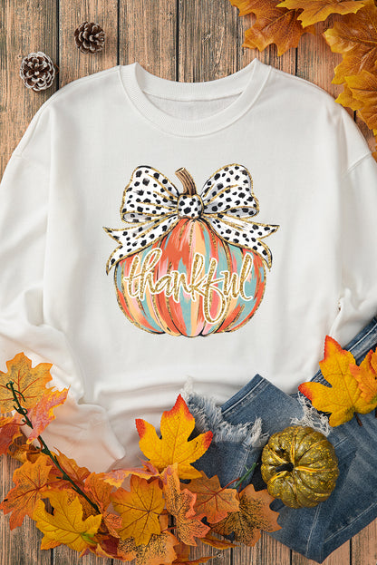 Polka Dot Bow Knot Pumpkin Print Thanksgiving Sweatshirt | Beige