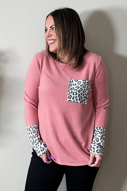 Leopard Cuffs Brushed Plus Size Top | Pink