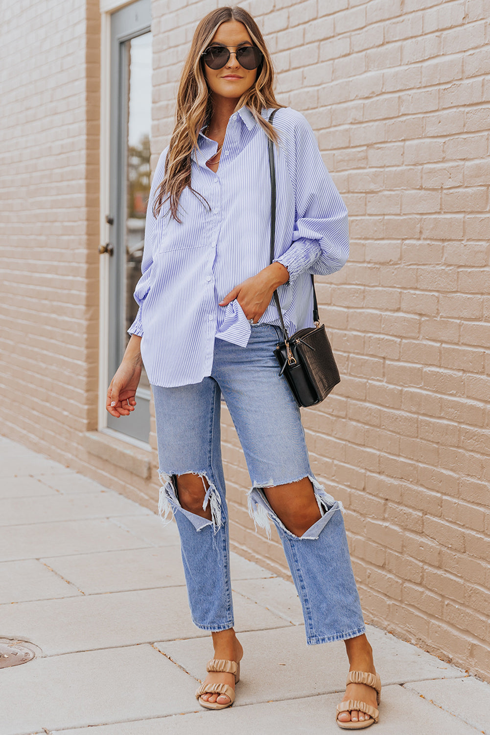 Smocked Cuffed Striped Boyfriend Shirt With Pocket | Sky Blue