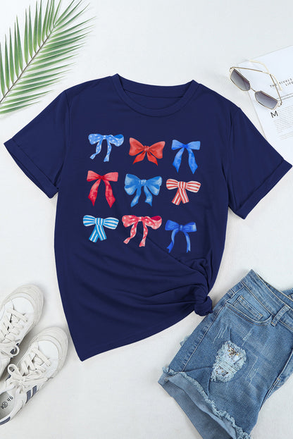 Diverse Bowknot Print Independent Day Graphic Tee | Blue