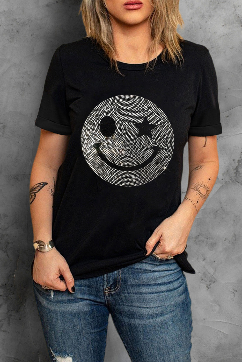 Sparkle Rhinestone Smile Face Graphic T Shirt | Black