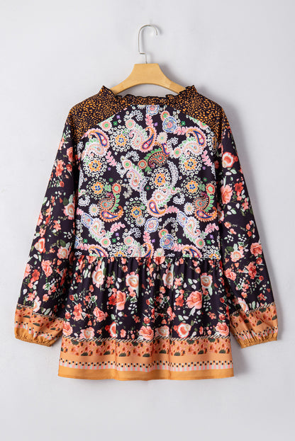 Plus Size Paisley Floral Print V Neck Bubble Sleeve Blouse | Black