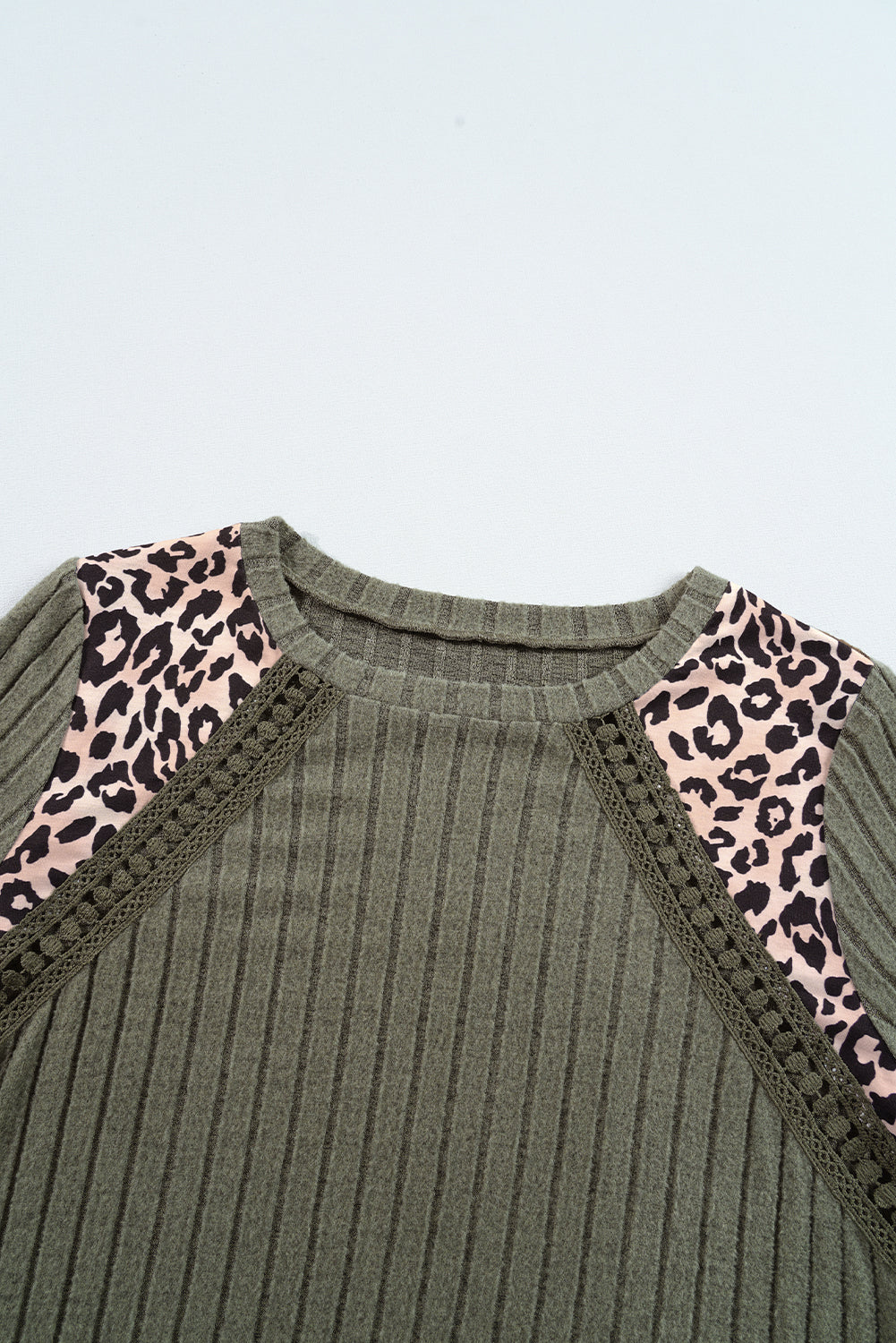 Leopard Print Crochet Patchwork Rib Textured Knit Top | Moss Green