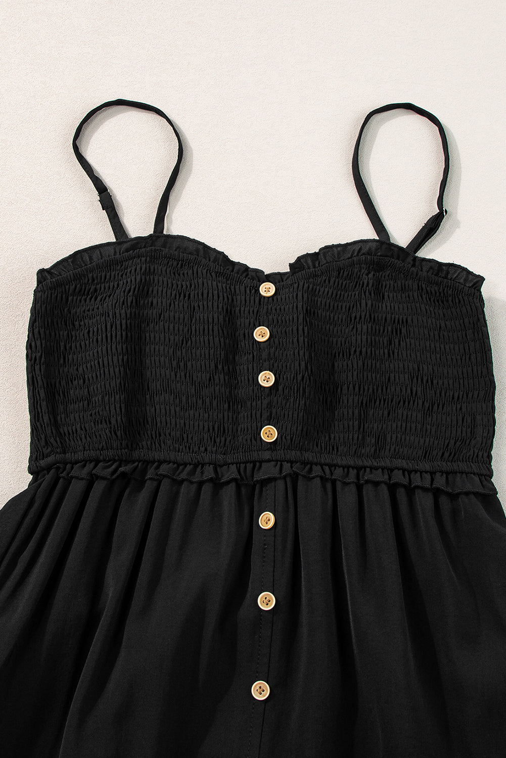 Spaghetti Straps Smocked Front Slit Buttoned Dress | Black