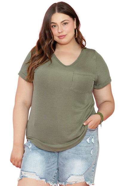 Plus Size Corded V Neck Patch Pocket Tee | Meadow Mist Green