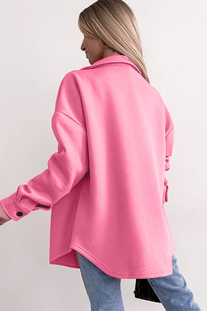 Solid Colour Pocketed Button Up Long Sleeve Shacket | Pink