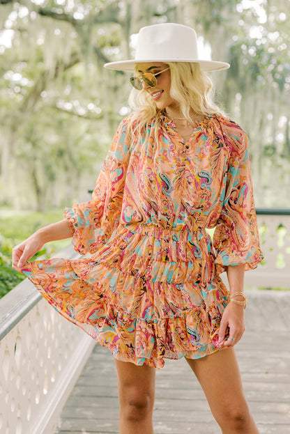 Paisley Print Frilled Mini Dress | Multicolour