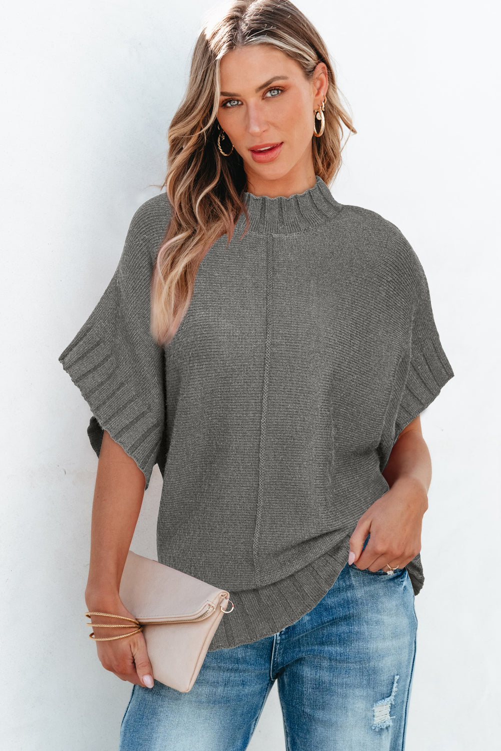 Mock Neck Batwing Short Sleeve Knit Sweater | Medium Grey