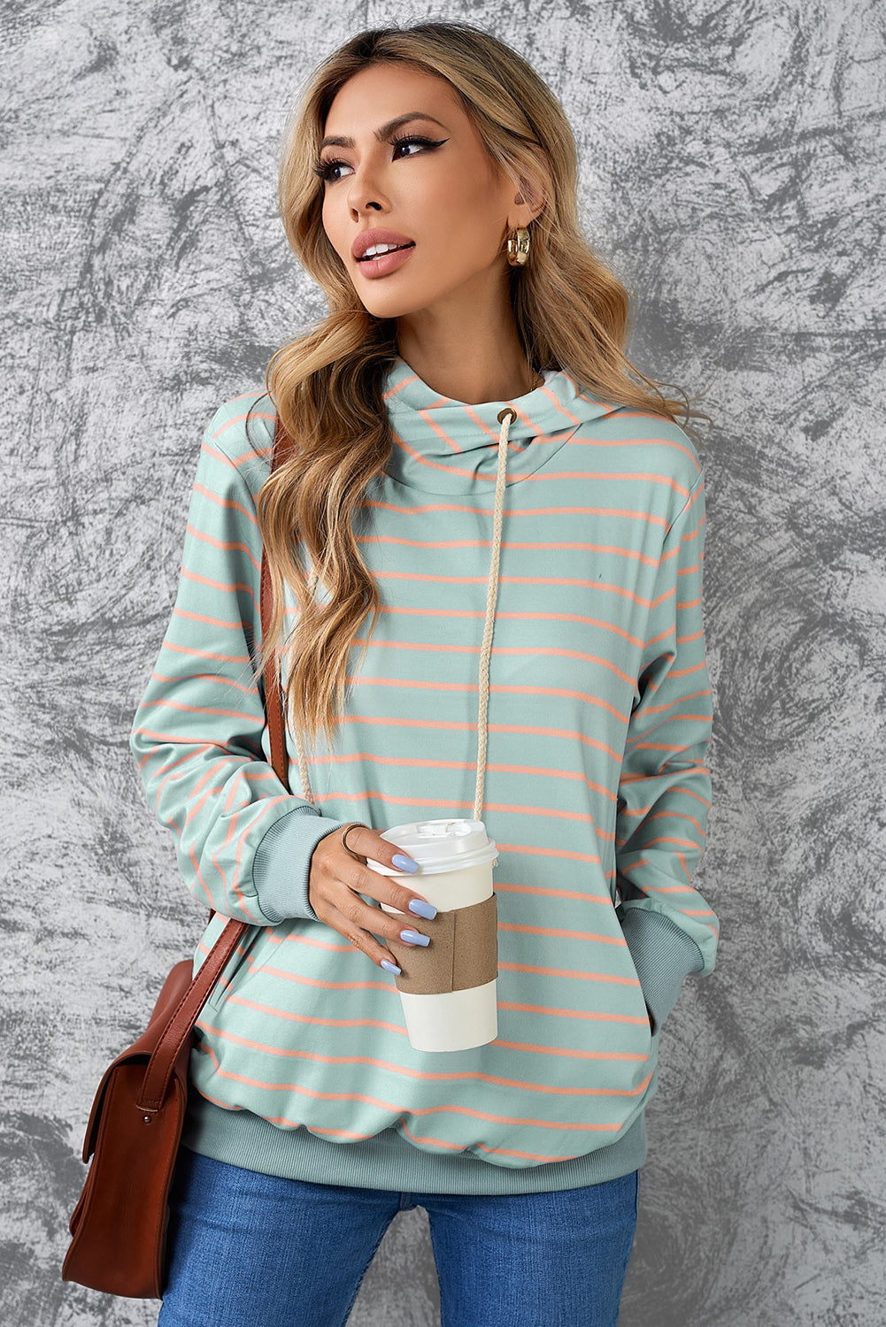 Striped Turtleneck Hoodie With Pocket | Green