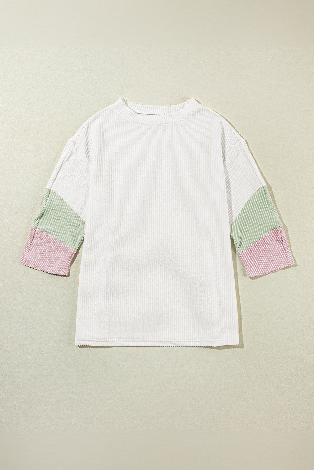 Colour Block Ribbed Knit Quarter Sleeve Top | White