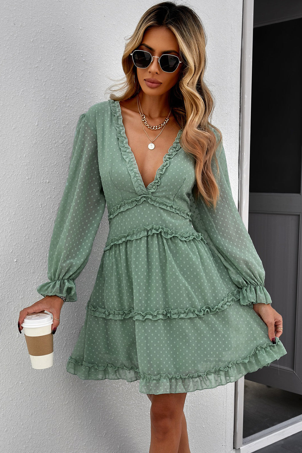 Layered Ruffled Open Back Puff Sleeve Swiss Dot Mini Dress | Green