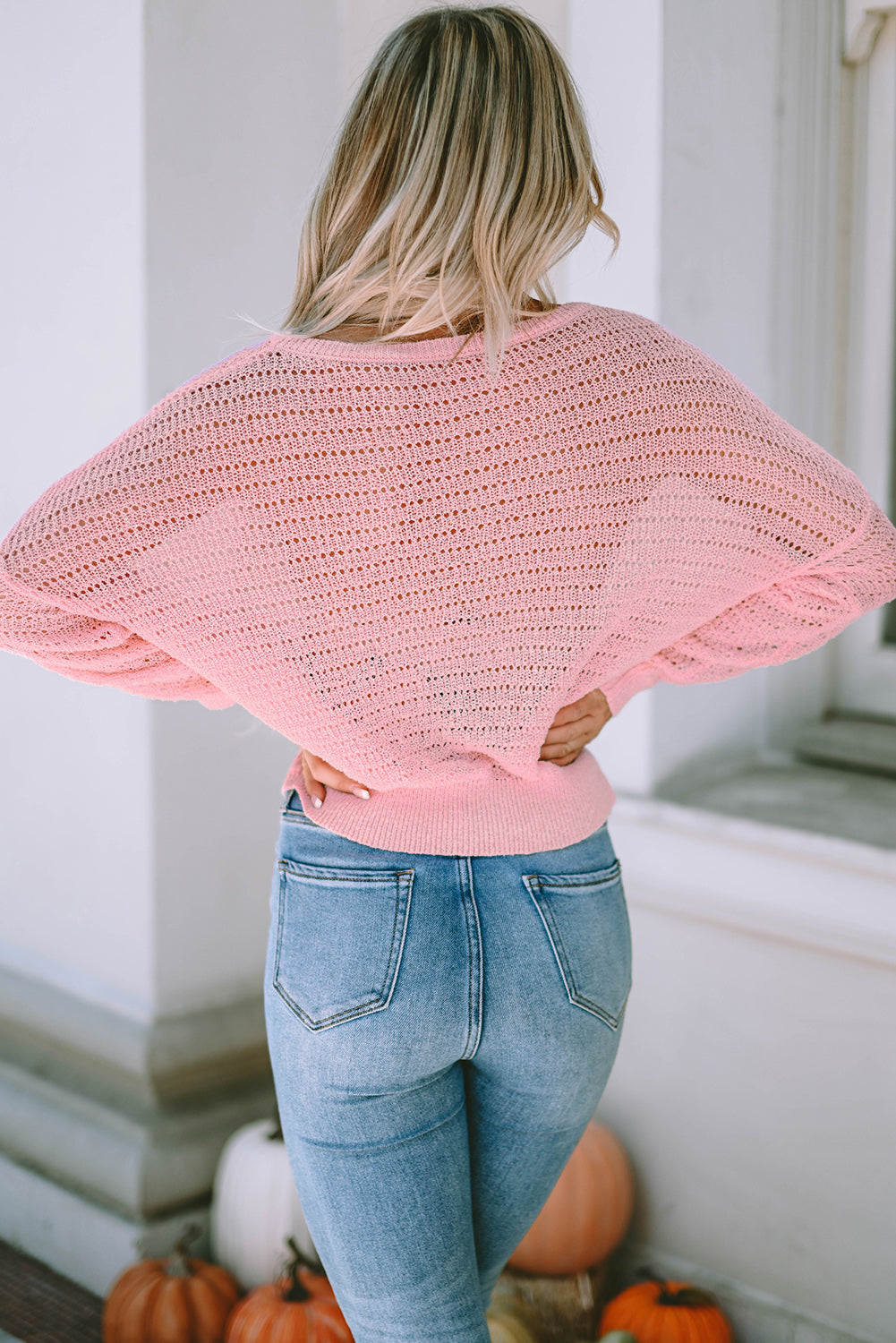 Knitted Eyelets Round Neck Long Sleeve Top | Pink