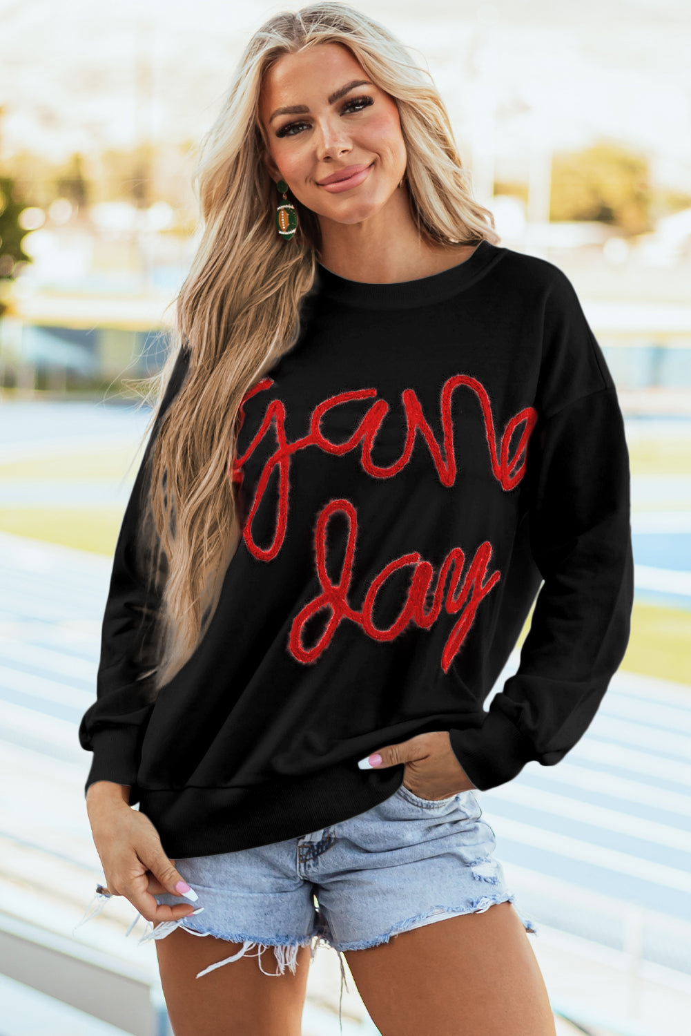 Tinsel Game Day Drop Shoulder Graphic Sweatshirt | Black