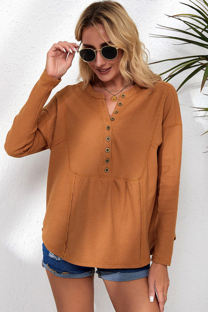 Waffle Knit Half Button Henley Top | Brown