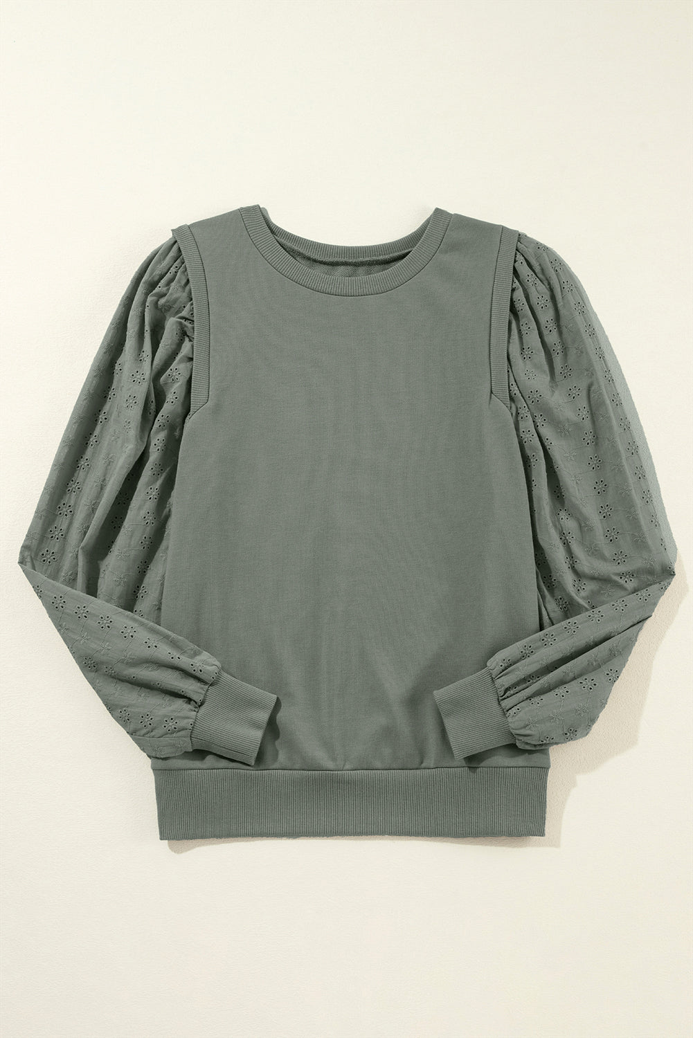 Grayish Green Solid Patchwork Sleeve Round Neck Sweatshirt | Medium Grey