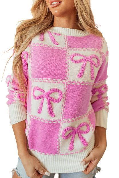 Bow Knot Two Tone Checkered Crew Neck Sweater | Pink