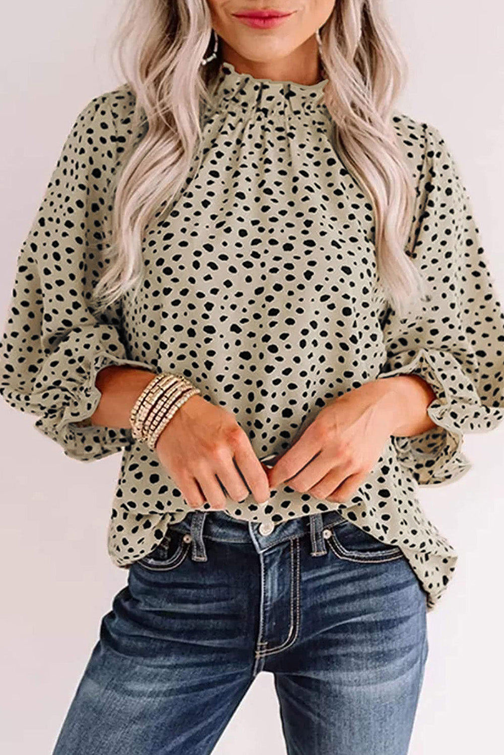 Frilled Neck 3/4 Sleeves Cheetah Blouse | Khaki