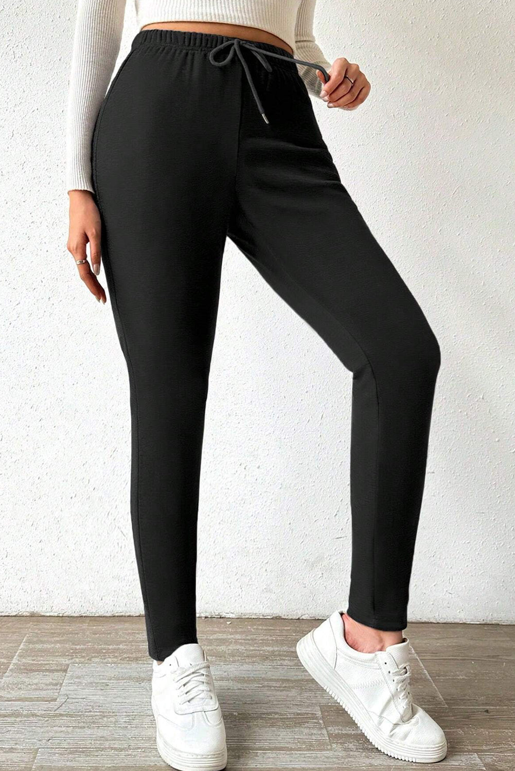 Thermal Lined Drawstring High Waist Leggings | Black