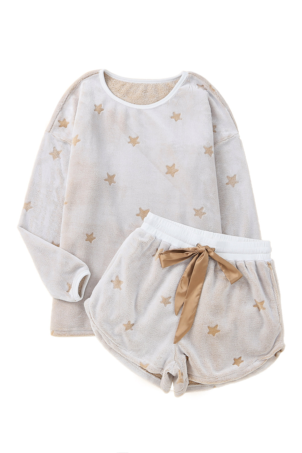 Plush Star Pattern Long Sleeve Pullover And Shorts Lounge Set | White