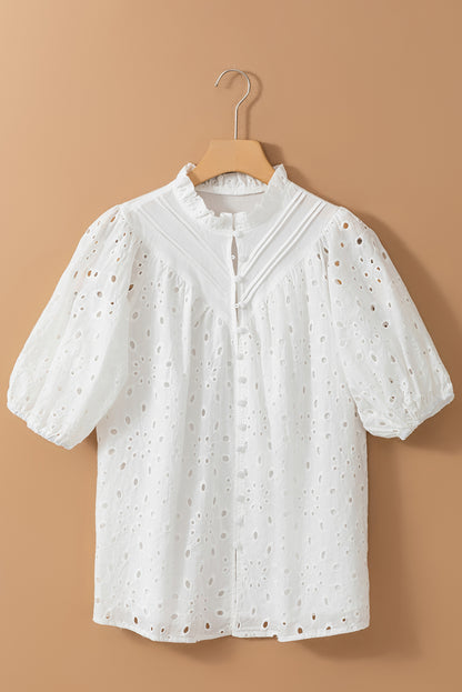 Flower Embroidered Hollow-Out Puff Sleeve Blouse | White