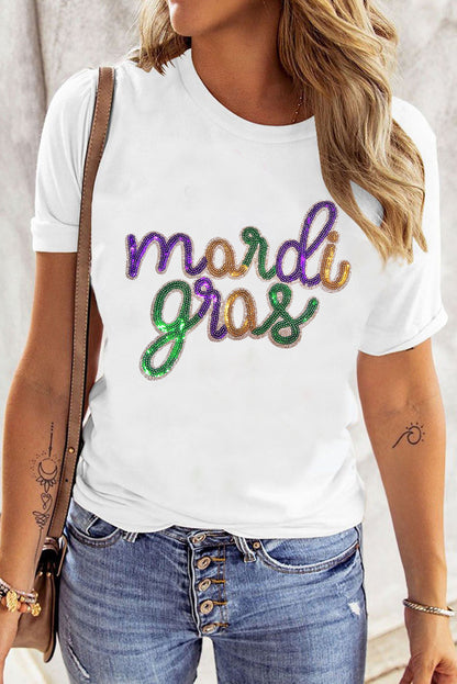 Sequin Mardi Gras Graphic T Shirt | White