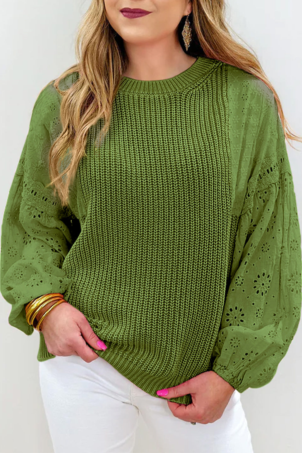 Eyelet Drop Shoulder Patchwork Pullover Sweater | Green