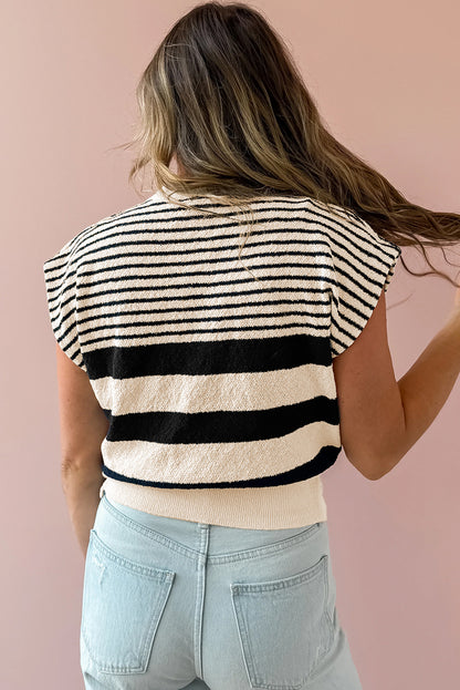 Black White Striped O Neck Sweater Vest | Black white