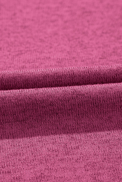 Ribbed Splicing Sleeve Round Neck T-Shirt | Bright Pink