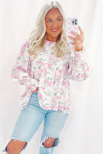 Floral Print Shirred Balloon Sleeve Keyhole Back Babydoll Blouse | Pink