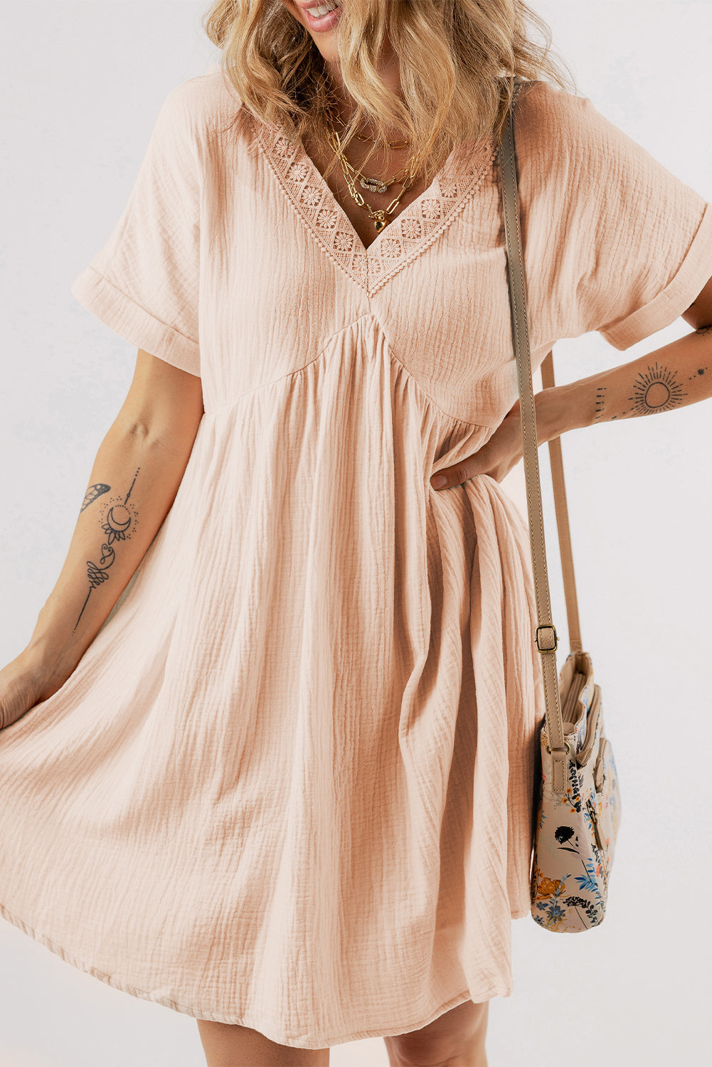 Folded Short Sleeve Lace V Neck Mini Dress | Beige