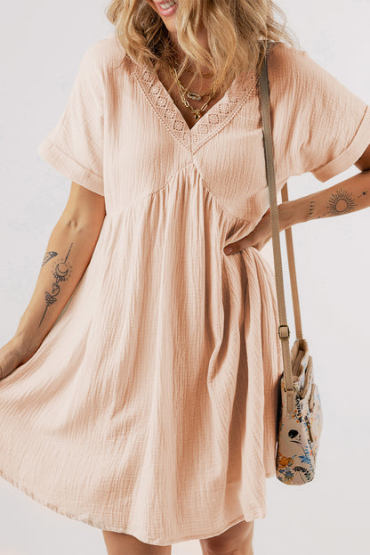 Folded Short Sleeve Lace V Neck Mini Dress | Beige