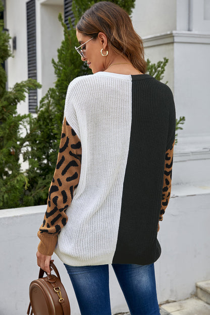 Print Contrast Colour V Neck Sweater | Leopard