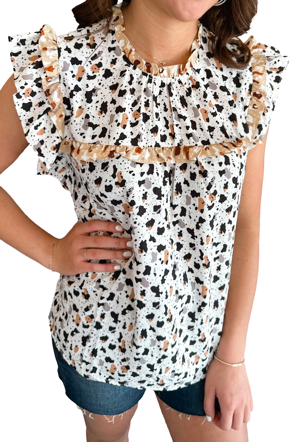 Frilly Trim Leopard Animal Spots Blouse | White