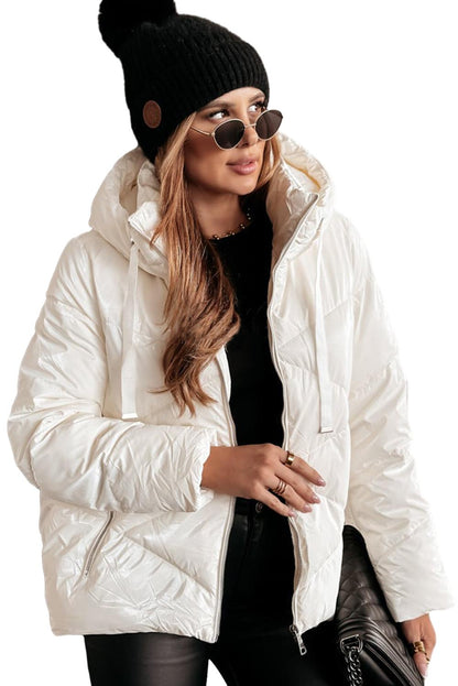 Solid Quilted Hooded Zip Up Puffer Coat | White